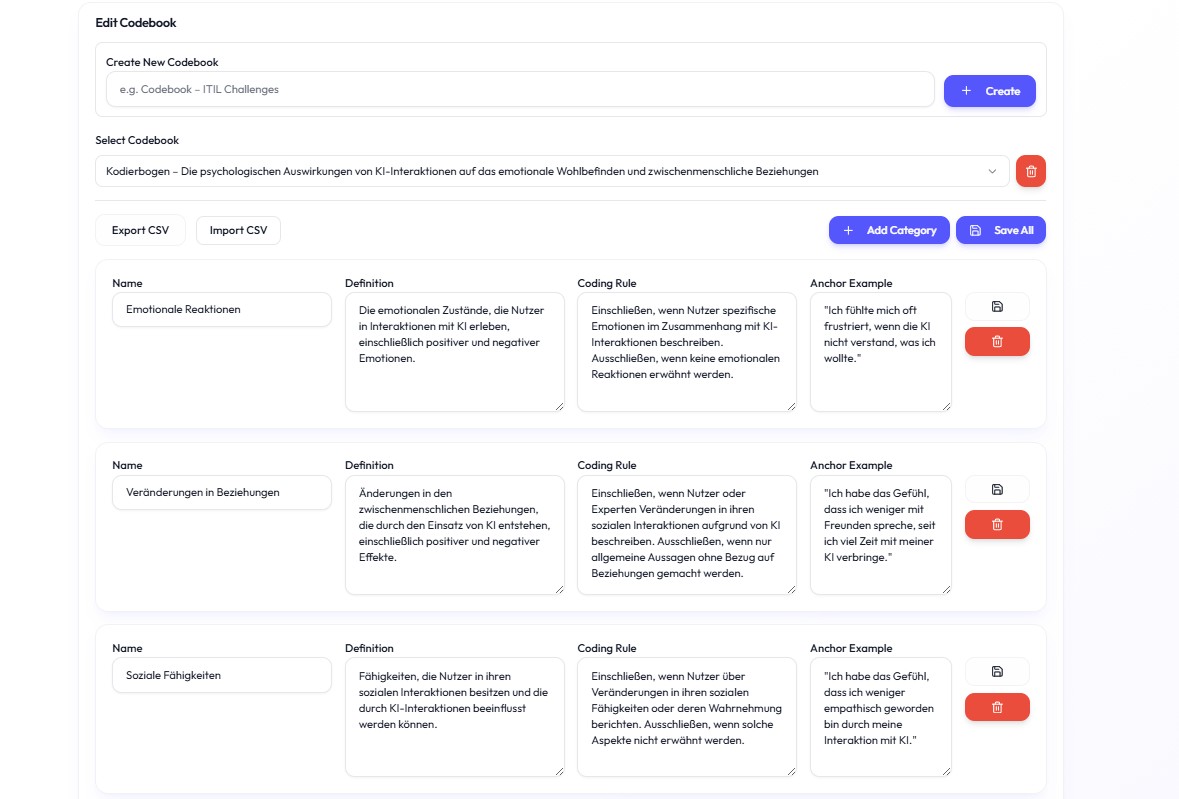 Academly Codebook – Kategorien mit Definition, Kodierregel und Ankerbeispiel anlegen