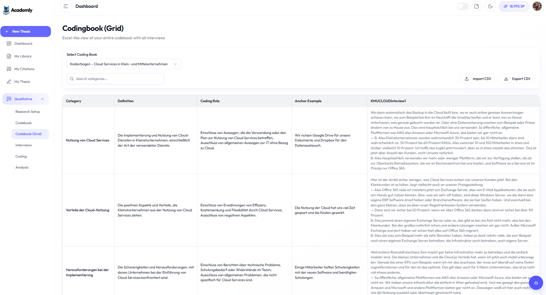 Academly Codebook Grid: tabellarische Übersicht aller kodierten Interviewpassagen nach Kategorie und Interview