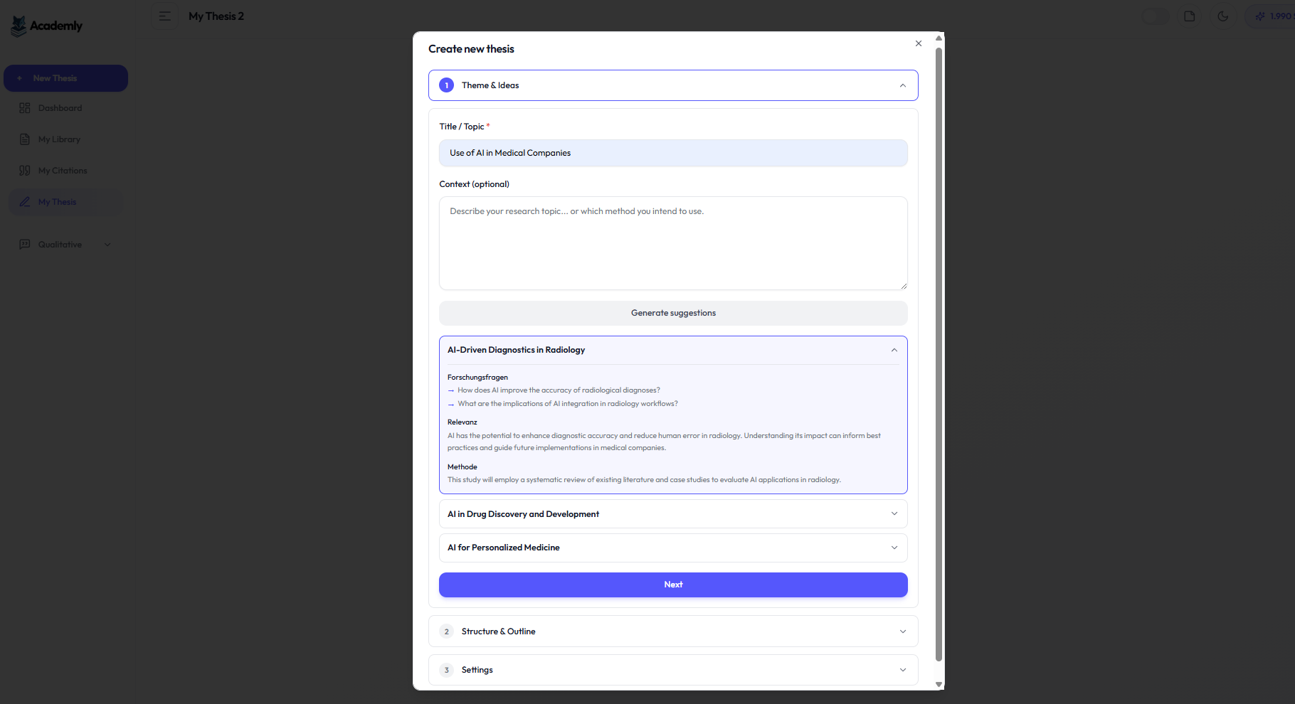 Academly New Thesis Wizard: generates research questions, relevance and methodology from a title