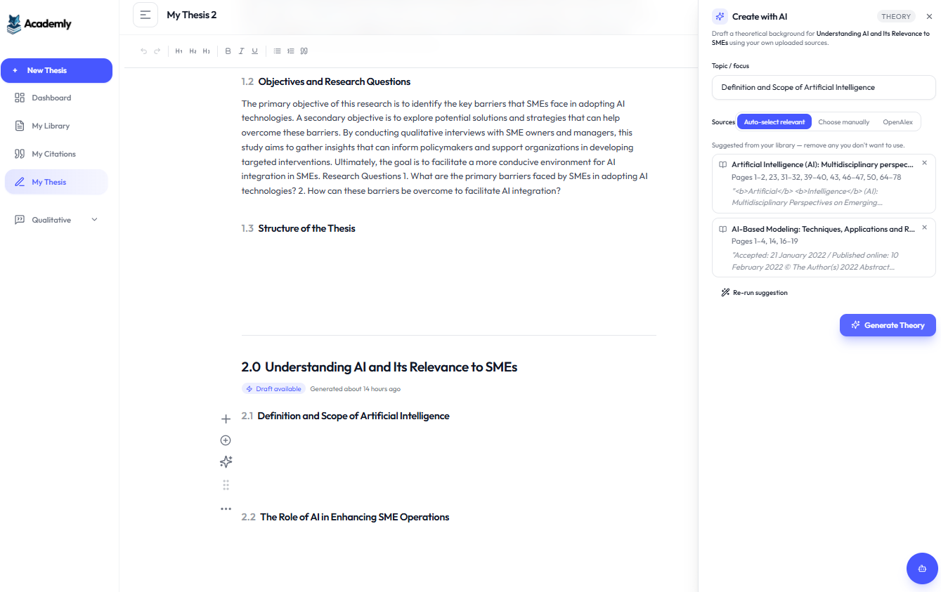 Academly Theory & Background: choosing relevant literature from the uploaded PDF library
