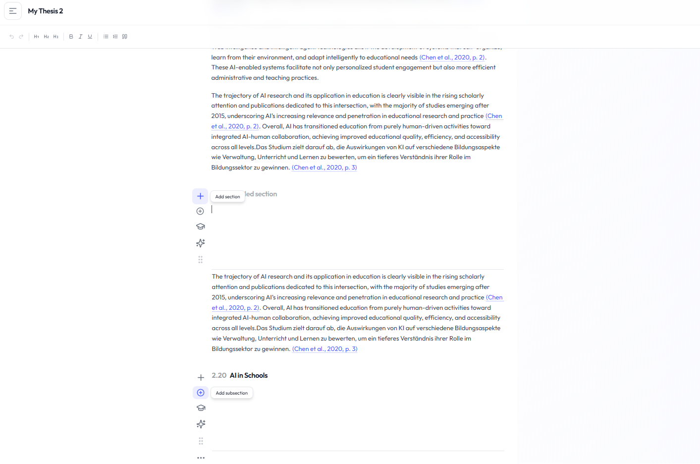 Section action controls in MyThesis