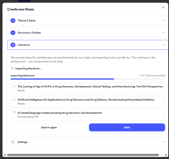 Literature search during thesis creation in Academly