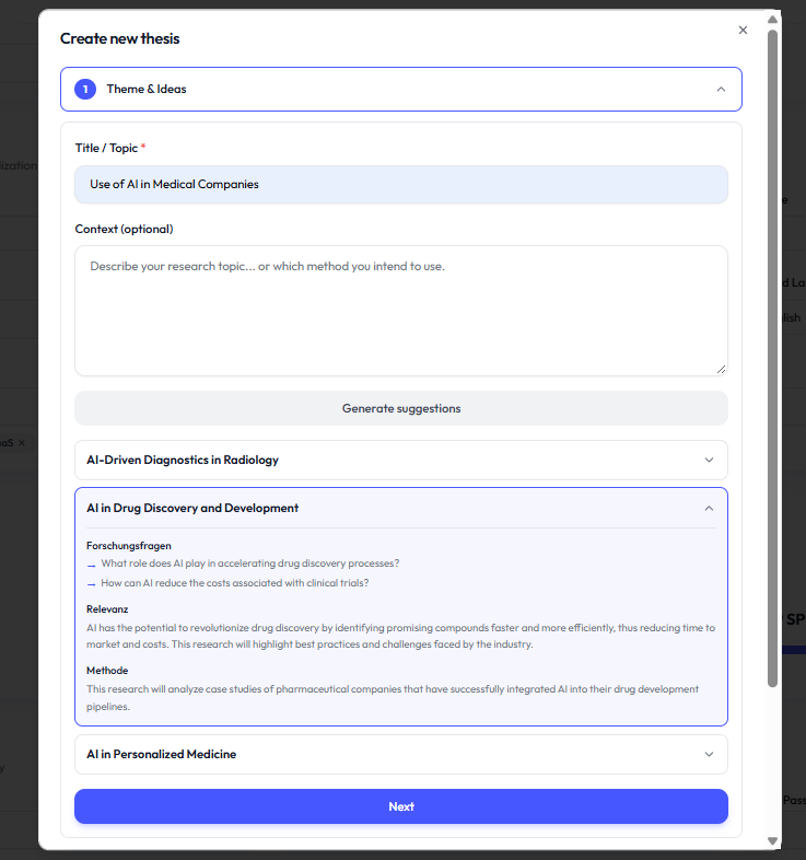 Topic step when creating a thesis in Academly