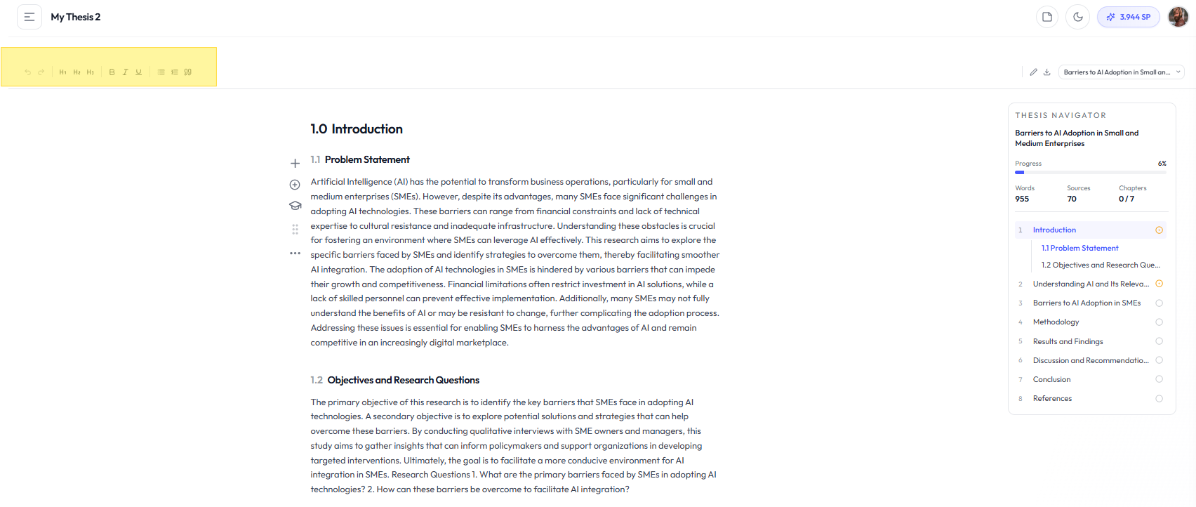 MyThesis editor toolbar in Academly