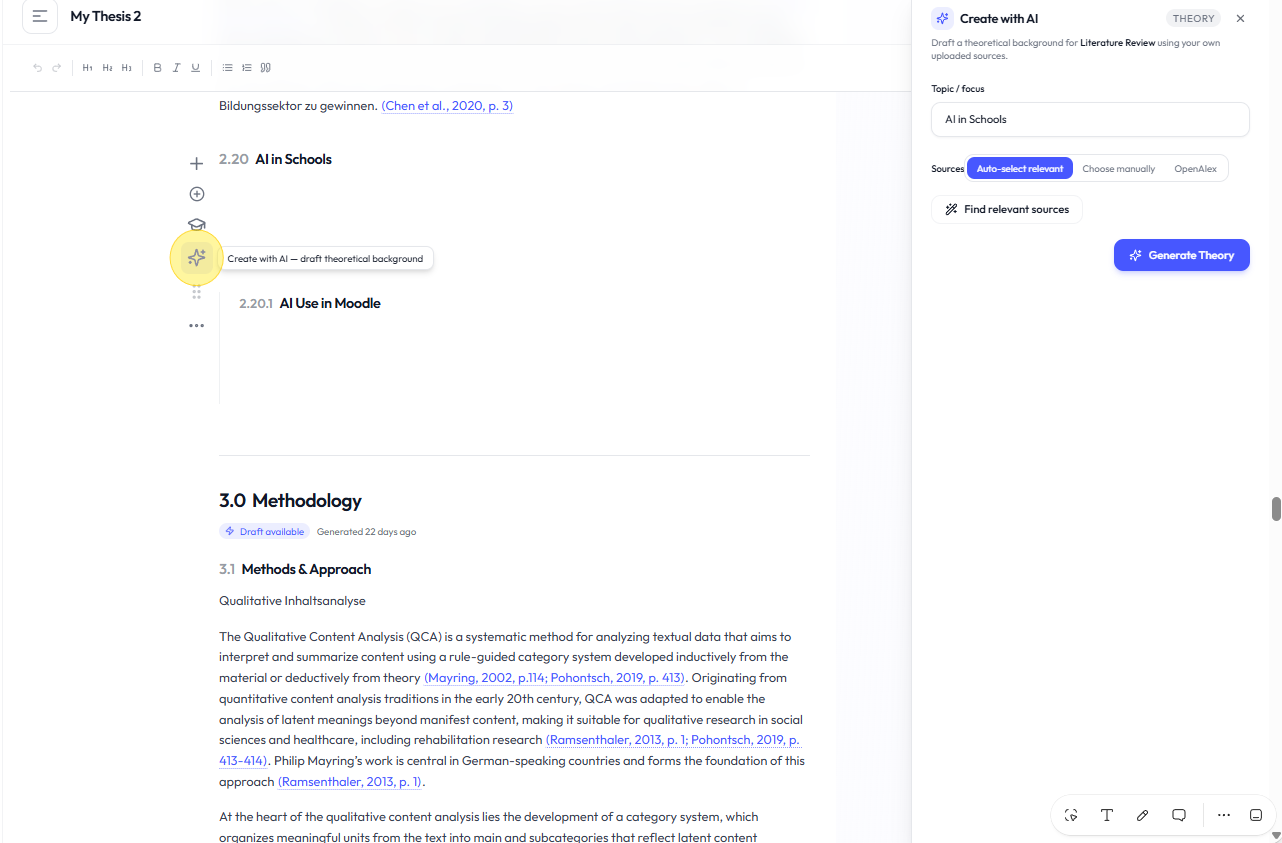 Opening Theory Builder from a thesis section in Academly